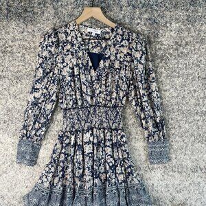 Intermix Dress Womens 00 Blue Floral Mini Smocked Waist Long‎ Sleeve Silk Blend